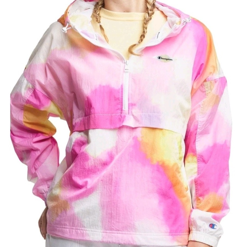 Champion Womens Pink Tie-Dye Lightweight Anorak Jacket Windbreaker Qtr Zip Large